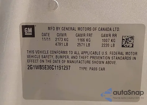 2012 Chevrolet Impala Lt z USA, uszkodzony, nr VIN 2G1WB5E36C1191297